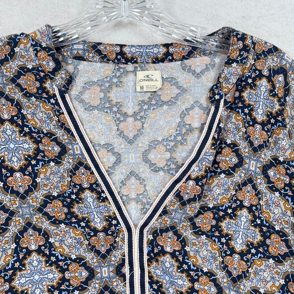 O'Neill Womens Medium Blue Orange Paisley V-Neck‎ Long Sleeve Blouse BOHO Surf